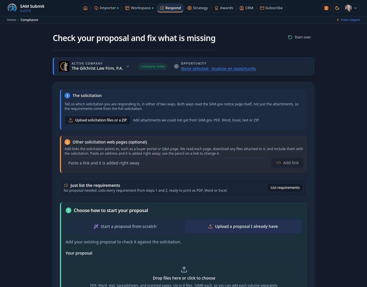 The Respond page with the solicitation, web pages and proposal steps