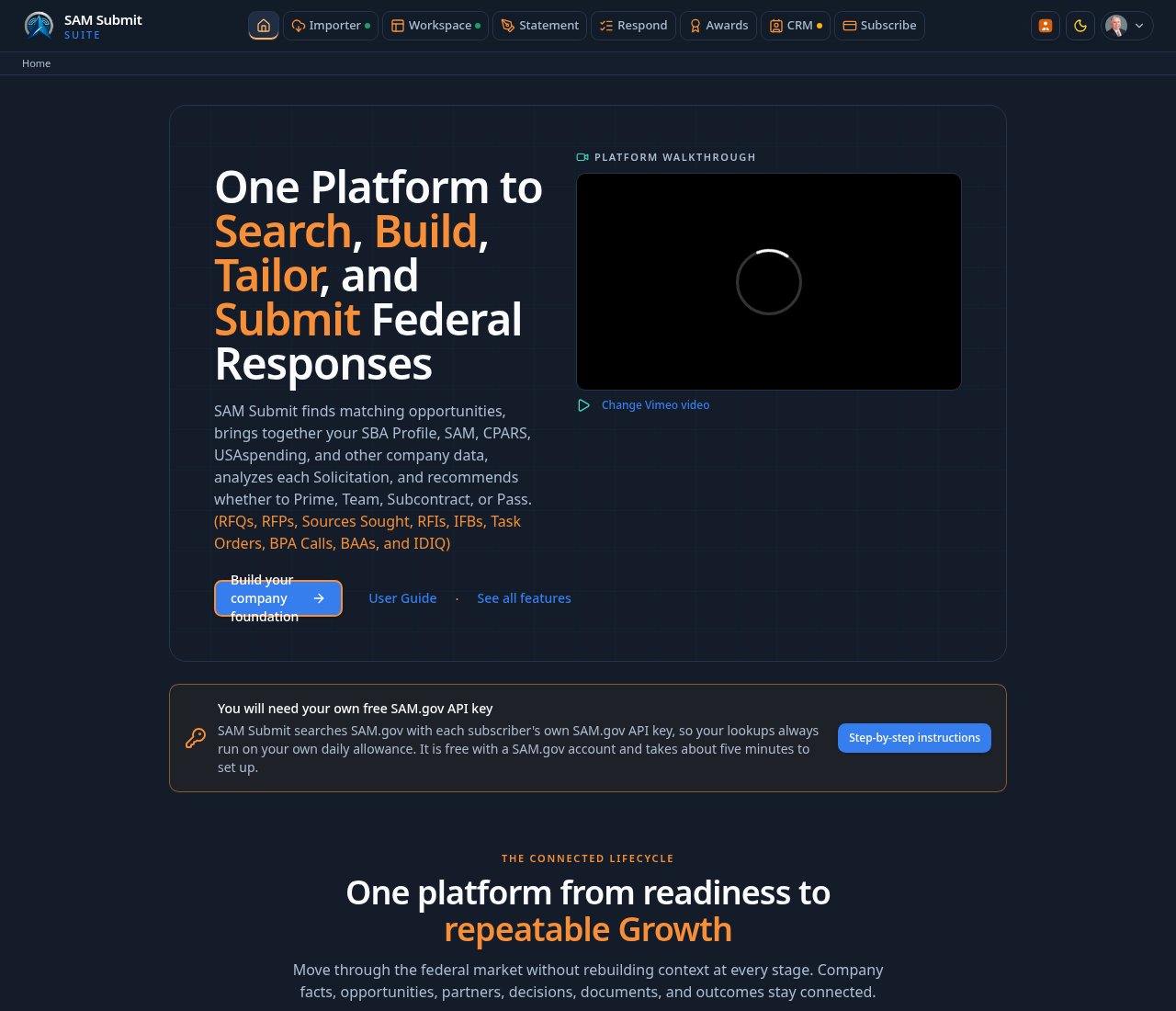 SAM Submit home page with the Start with a solicitation button and a link to this User Guide